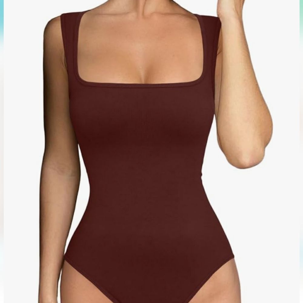 Brown Square Neck Bodysuit Sleeveless Fitted Stretch Tank Top. L